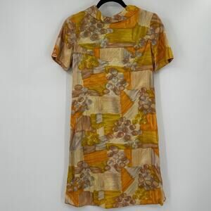 Vintage Mod 60s Collared Gold Yellow Print Shift Dress Small Zip Closure